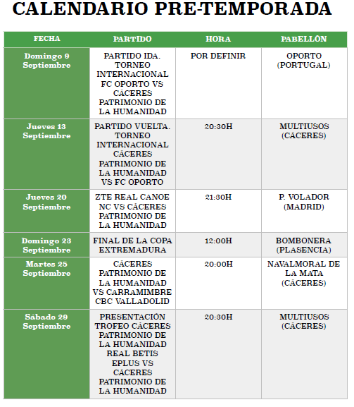 Calendario Pretemporada Caceres Basket