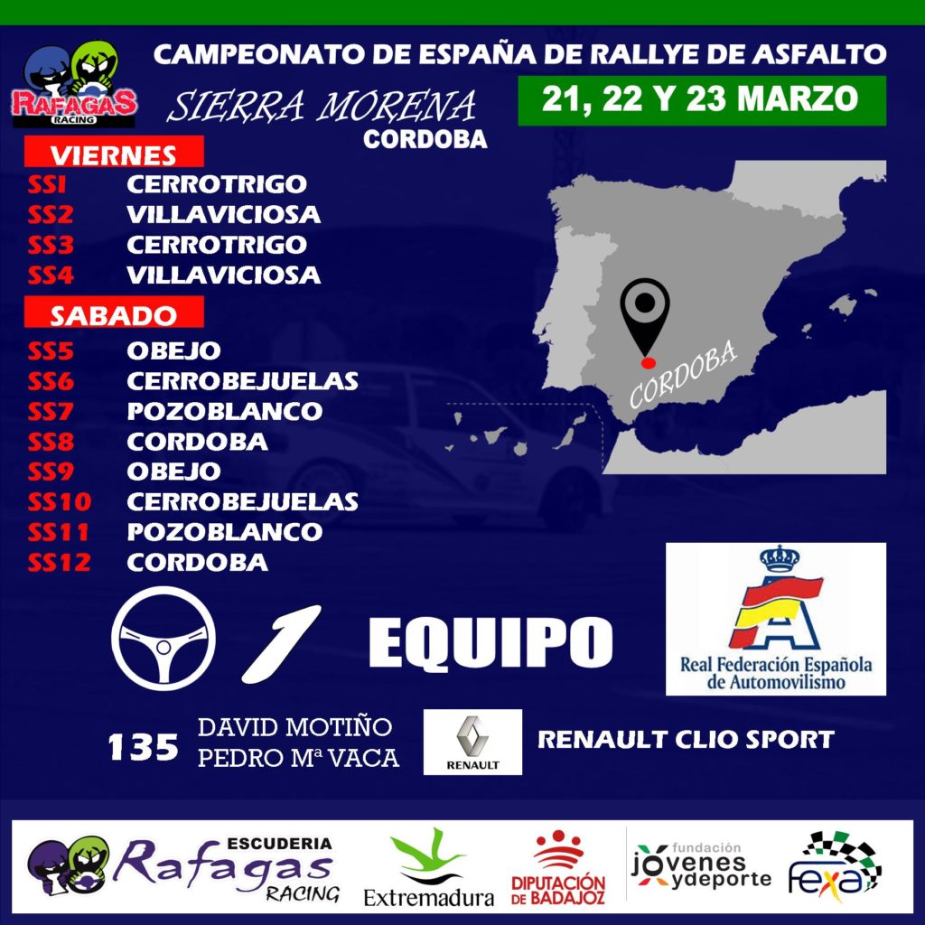 Escudería Ráfagas Racing estará con David Motiño y Pedro María Vaca en el Rallye Sierra Morena