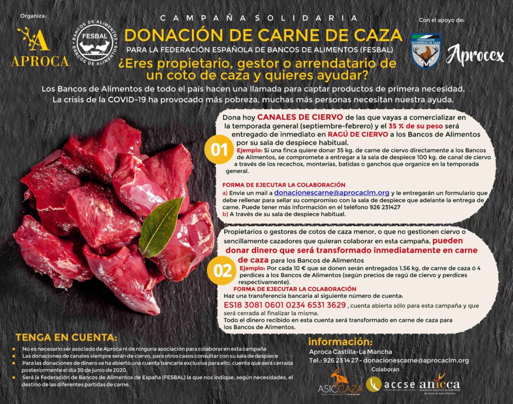 FEDEXCAZA y APROCEX se suman a la campaña de APROCA para donar carne de caza a los Bancos de Alimentos